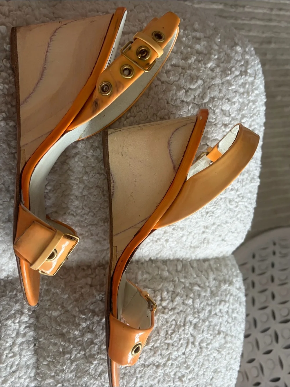 Miu Miu Orange Patent Leather Wedge Sandals with Gold Grommets
